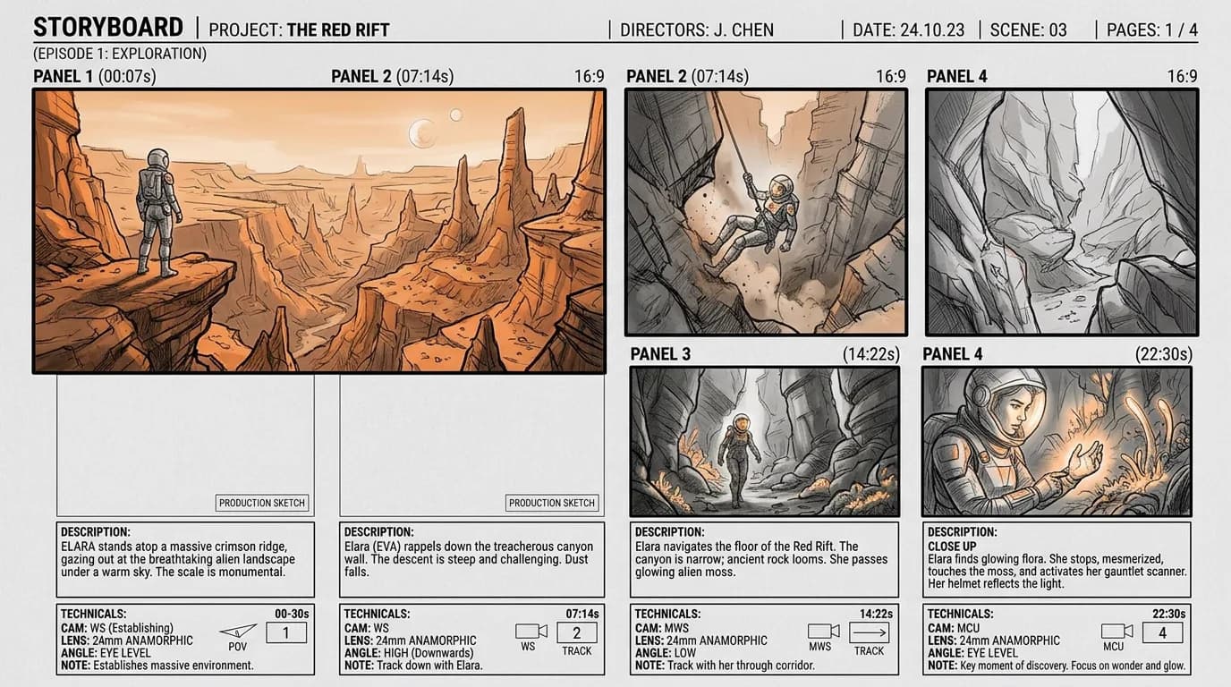 Gemini cinematography storyboard sheet with 4 sequential panels and timestamp annotations