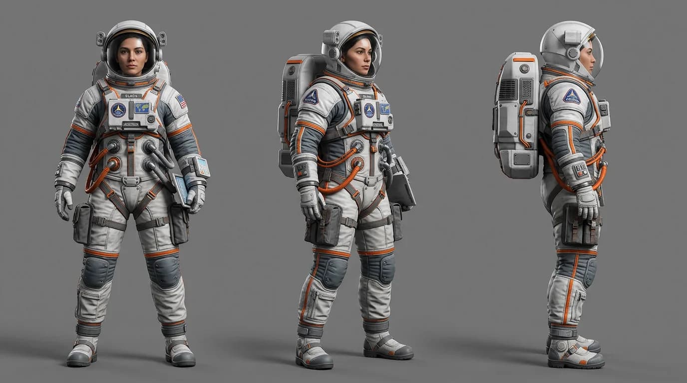 Seedance astronaut character sheet with front, 3/4, and side profile views on studio grey