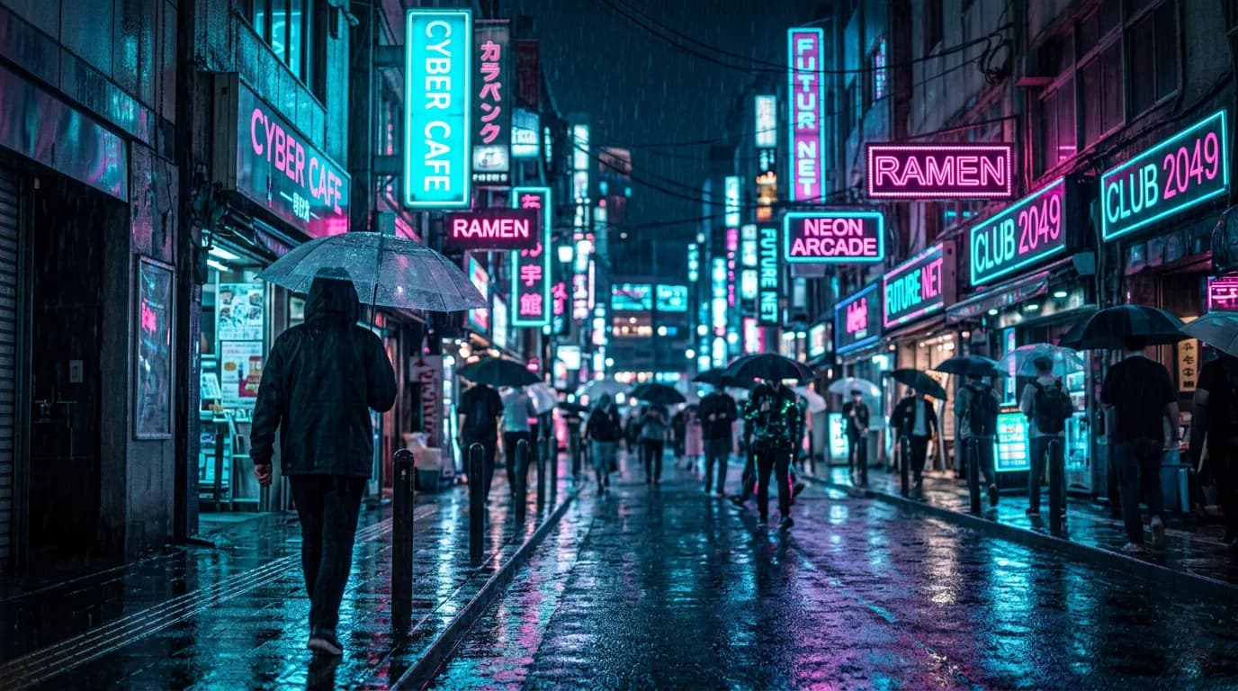 Rainy cyberpunk street with cyan and magenta neon signs