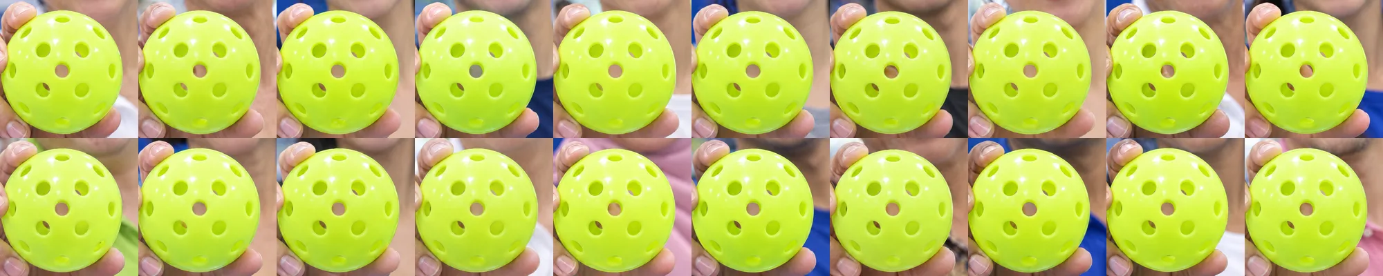 Twenty crops of the ball from twenty frames, laid out in a grid, all matching