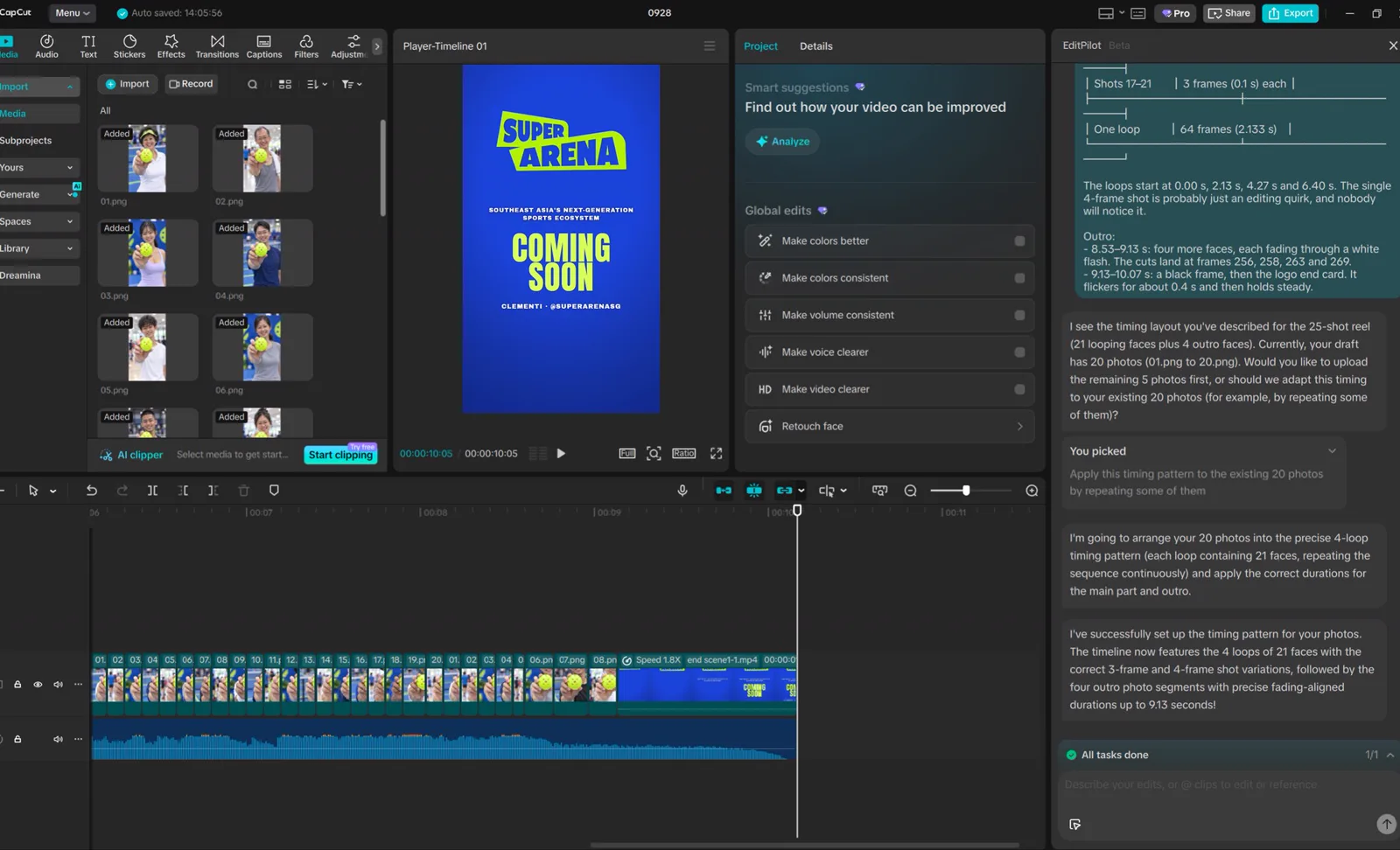 CapCut with the twenty frames laid out on the timeline and EditPilot describing the four-loop timing it applied