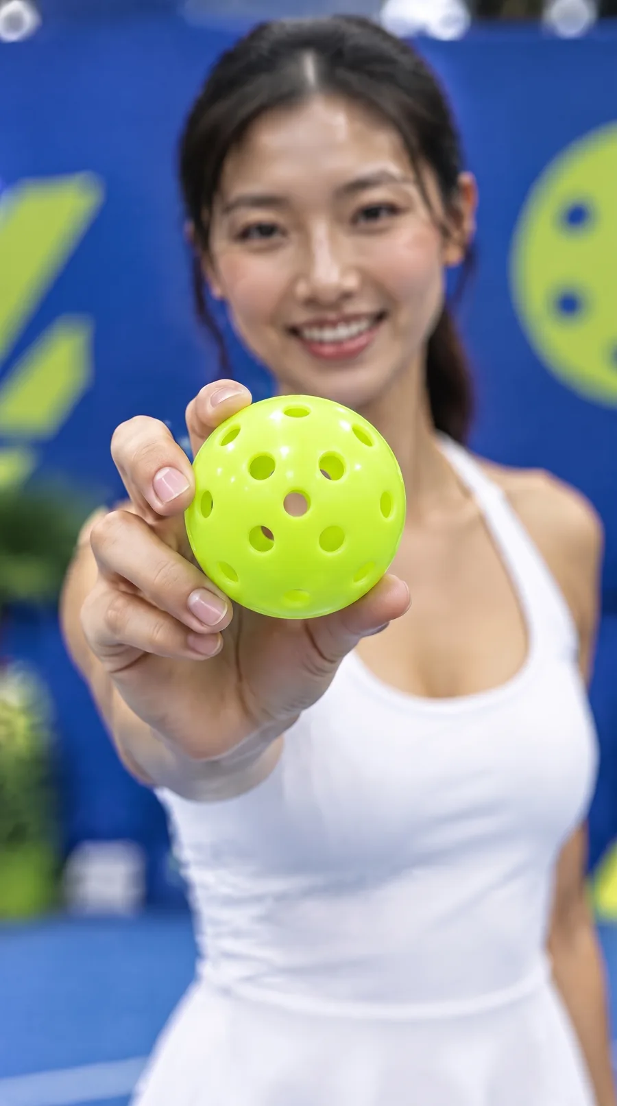 A woman holds a neon pickleball straight at the camera; the ball is sharp and her face is soft